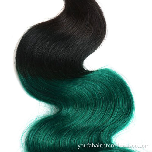 Wholesale Brazilian Virgin Human Hair Ombre Color 1b/green Body Wave Hair Bundles with Lace Closure Mink Unprocessed Hair Bundle